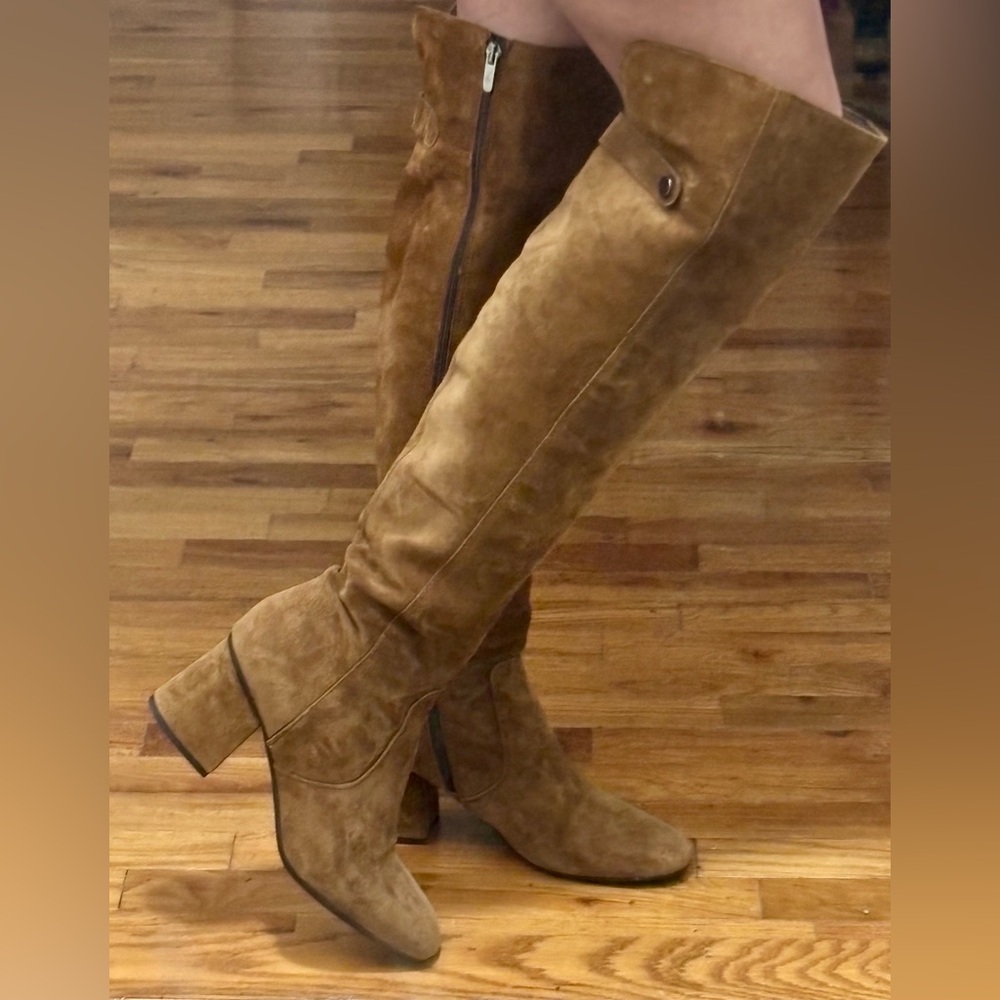 Women's Over-the-Knee Suede Boots in Tan with Block Heel